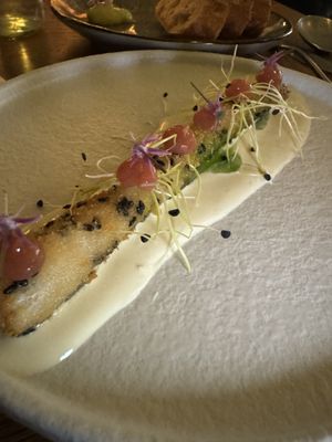 Fried asparagus, rhubarb compote, lemongrass cream  at De Waaghals in Amsterdam