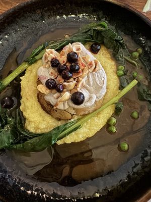 Kohlrabi, polenta, coffee oil jus, mushroom puree, nuts, black currants   at De Waaghals in Amsterdam