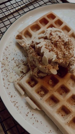 spelled waffles with toffee-caramel ice cream (all vegan) at Sturbock Cafe in Wurzburg