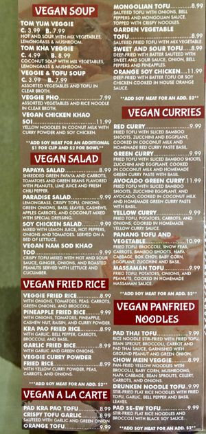Vegan Menu at Thailicious in Henderson