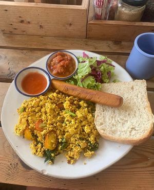 Tofu scramble with vegan sausage   at The Factory Cafe in Koh Tao