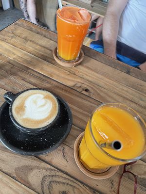 Cappuccino with Oat Milk and fresh juices 🥤  #Veganuary at The Factory Cafe in Koh Tao