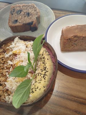 Acai bowl and carrot cake and banana bread all vegan at The Factory Cafe in Koh Tao