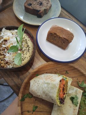 Acai bowl and pest wrap and carrot cake and banana bread all vegan at The Factory Cafe in Koh Tao