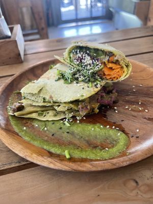 Philly “steak” (Smokey mushrooms and vegan ‘cheese’ in a wrap, delish!   at The Factory Cafe in Koh Tao