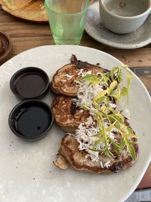 Choc chip Vegan pancakes with chocolate sauce and mulberry jam sauce    at The Factory Cafe in Koh Tao