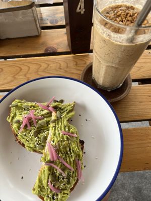 avocado sourdough bread with espresso protein shake   at The Factory Cafe in Koh Tao