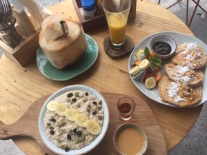 Cinnamon Porridge and Banana Pancaces  at The Factory Cafe in Koh Tao