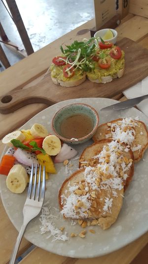 Banana pancakes and avocado toast at The Factory Cafe in Koh Tao