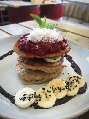 Berry banana pancakes  at The Factory Cafe in Koh Tao