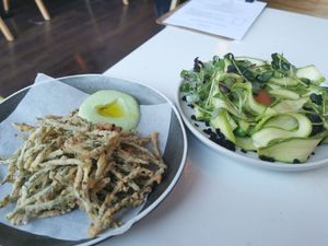 Samphire pakora/wild garlic/courgette, truffle & cornish leaves at The Omni Collective in South East London