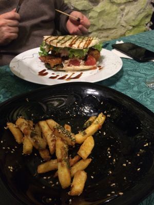 Vegan chicken burger and fries at Coraçao Vegano in Funchal