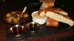 Vegan bread and Olives at Rock Garden in Torquay