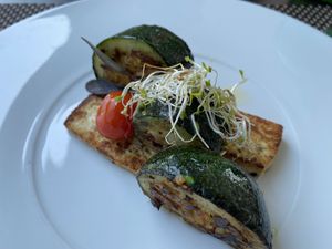 Stuffed zucchini with rice and tofu  at Bedem in Varazdin