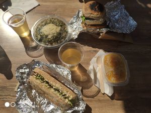 Burger, hot dog, green salad, pumpkin soup, elder juice at Rekalibracija Veganski in Novi Sad