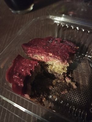 Ordered cheesecake, got this, also tasty but with coconut and berries at Rekalibracija Veganski in Novi Sad