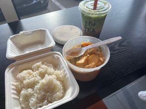 Vegan Tofu Thai Curry with Strawberry Matcha (soy milk is the default) at Kaleisia Tea Lounge in Tampa