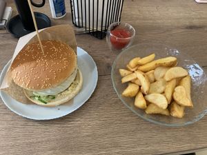Burger and potatoes at ZEN Vegan Burger in St Petersburg