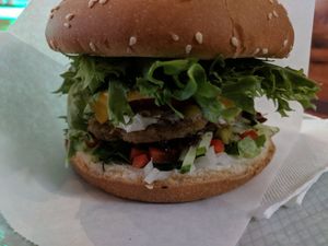 Greek Burger. at ZEN Vegan Burger in St Petersburg