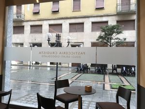 View on the pedestrian street at Grezzo Raw Chocolate in Turin