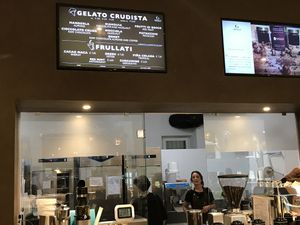 The display of the  flavors of the day at Grezzo Raw Chocolate in Turin