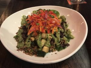 Black bean, veggies, and grain bowl was delicious but fairly limited options for vegan here. I recommend a bowl since many tacos wouldn’t work as well and the bowls taste great. at Bomba Tacos & Rum in Fairlawn