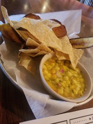 Mango salsa with plantain chips and tortillas at Bomba Tacos & Rum in Fairlawn