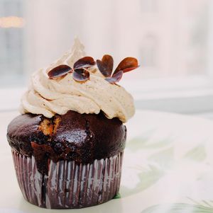 Dark chocolate muffins with peanut frosting at Yellow Rose in Copenhagen
