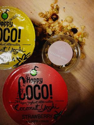 Coconut yoghurt from Happy Coco! - strawberry, vanilla or mango flavour and homemade granola at Yellow Rose in Copenhagen