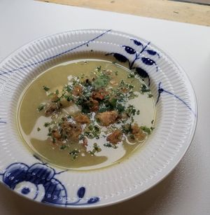 potato soup with celeriac and organic homemade sourdough bread at Yellow Rose in Copenhagen