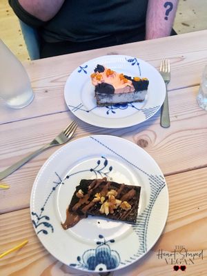 Sea buckthorn berry baked cheese cake and a brownie. Both gluten free.  at Yellow Rose in Copenhagen