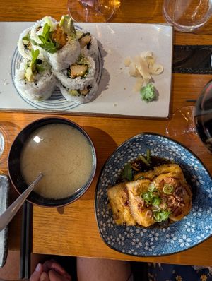 Vegan chicken sushi, Agedashi Tofu and miso soup at Kinyoubi Izakaya in Fitzroy