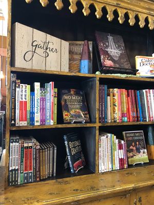 Nice vegan book selection in the market half of the business at The Copper Q in Big Bear Lake