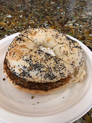 Works bagel with vegan cream cheese at The Copper Q in Big Bear Lake