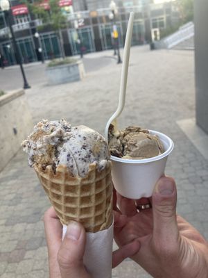 Nutterbutter and Coffee Woffee; we both loved our choices! Coffee Woffee was like a sweet, Carmel latte with waffle cone chunks 😍  at Monkeywrench in Salt Lake City