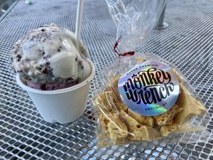 Cookies and cream scoop, strawberry scoop, and a bag of honeycomb they had available at the time 😋   at Monkeywrench in Salt Lake City
