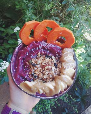 "Sod Chuen" refreshing and tangy, topped with homemade granola, fruits  and peanutbutter.  at Bom Bowls in Pai