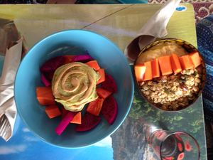 Mocha pancakes and bowl at Bom Bowls in Pai