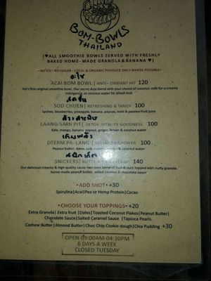 Food Menu at Bom Bowls in Pai