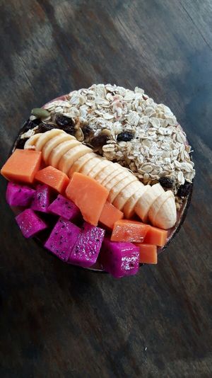 Acai bowl with oats and extra fruits at Bom Bowls in Pai