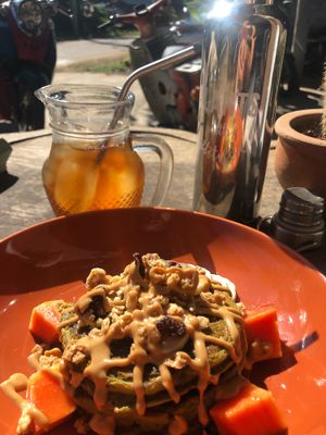 Match pancake 140B with peanut butter,granola,fruits & strawberry kombucha 40B at Bom Bowls in Pai