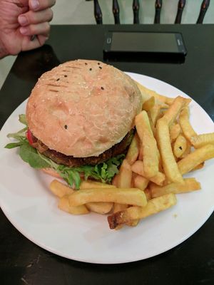 Vegan Lentil Burger & Chips at Orchid Vegetarian Cafe in Surfers Paradise