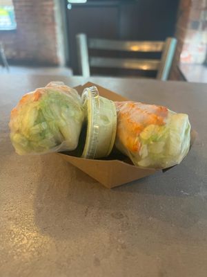 Pickled Apple Autumn Rolls- vegan popcorn chicken, basil, pickled green apple, lettuce & crispy hot fries, served with vegan jalapeno mayo at Foo Dog Curry Traders in Jacksonville