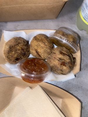 Samosas with date chutney and a kimchi chili paste   at Foo Dog Curry Traders in Jacksonville
