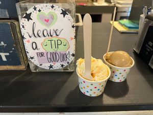 vegan java chip & vanilla raspberry swirl gelato. at Bank Street Creamery in Easton
