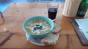 Delicious soup (I think it was parsnip) and also very delicious spelt bread at Katzentempel in Hamburg