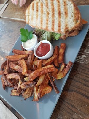 "Smoked salmon" sandwich (summer special) with side of fries at Katzentempel in Hamburg