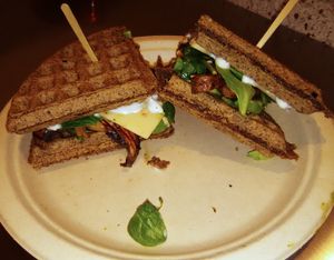 Magic Shroom sandwich on buckwheat waffles with Follow Your Heart vegan cheese. at Boba Nosh in Novato