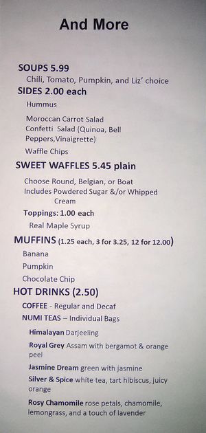 Menu for Soups and Sides, Sweet Waffles, Muffins, and Hot Drinks at Boba Nosh in Novato