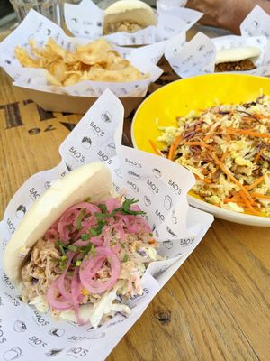 vegan bao, thai salad, yuca chips at Bao's in Porto